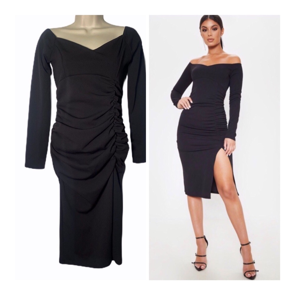 PrettyLittleThing Black Bardot Ruched Dress